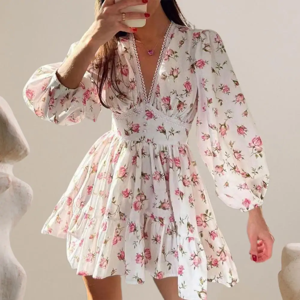 Slim Waist Dress Floral Lace A-line Mini Dress with Lantern Sleeves V Neck High Waist for Spring Summer Parties Women V-neck
Slim Waist Dress Floral Lace A-line Mini Dress with Lantern Sleeves V Neck High Waist for Spring Summer Parties Women V-neck