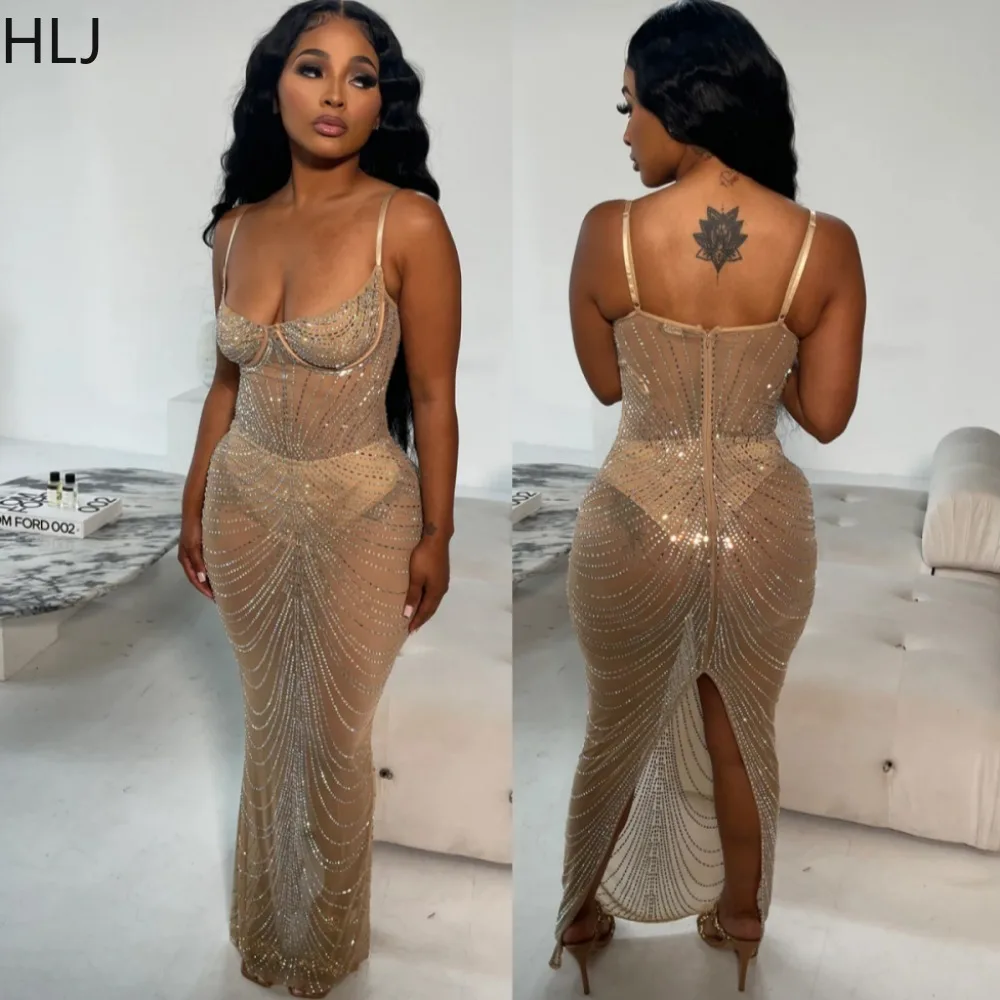 

HLJ Luxury Beadding Embellished Womens Mesh Sexy Birthday Party Dress Sparkly Rhinestone Long Maxi Dresses Back Slit Clubwear