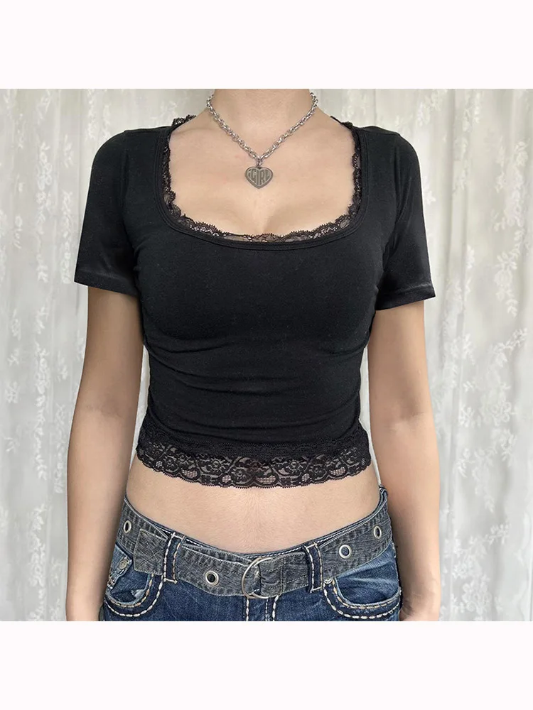 Black Lace Stitched Crop Top Women Casual Short Sleeve Square Collar Slim T-shirts Summer Harajuku Solid Tees y2k Vintage
Black Lace Stitched Crop Top Women Casual Short Sleeve Square Collar Slim T-shirts Summer Harajuku Solid Tees y2k Vintage