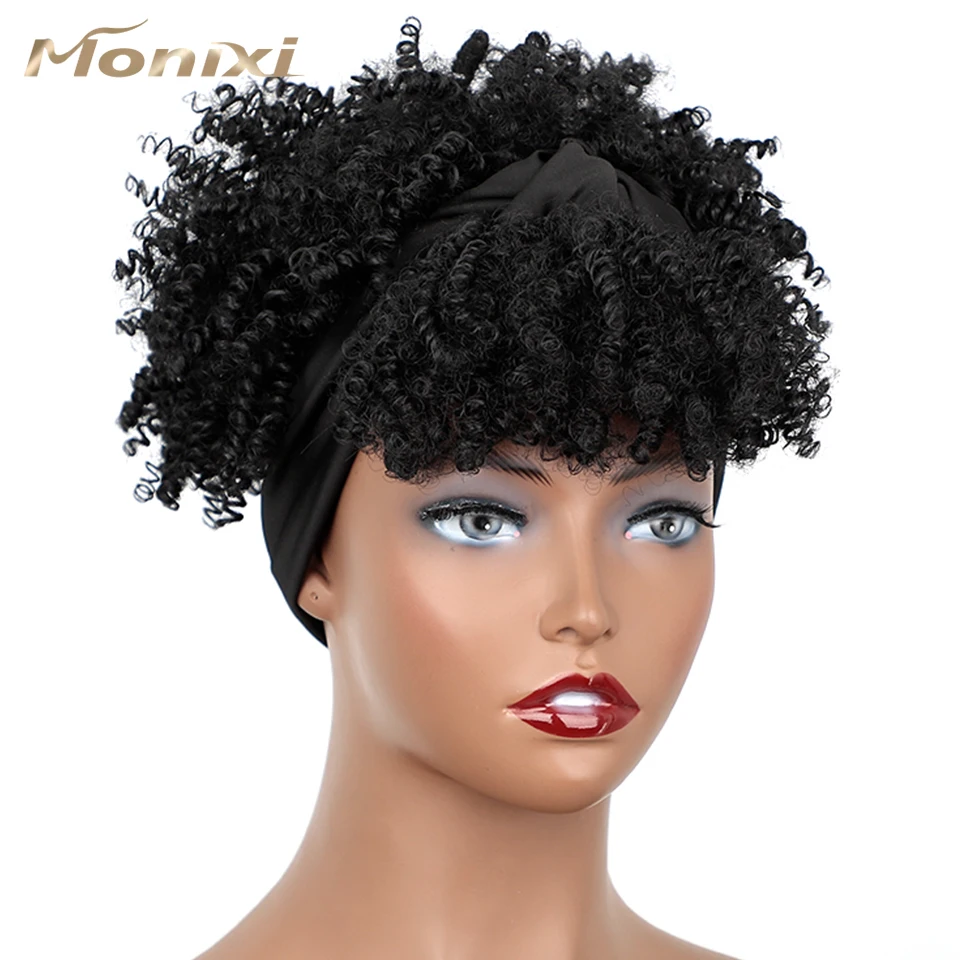 

Monixi Synthetic Kinky Curly Chignon with Bangs Short Drawstring Ponytail for Women Afro Bun Hair Clip on Front Hairpieces