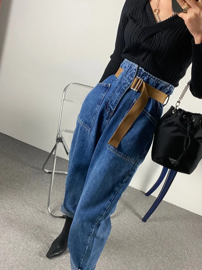 

Fashion Vintage Mom Jean Loose Washed Denim Trousers 2024 Women Korean High Waist Ankle Length Baggy Belted Harem Jeans Pants