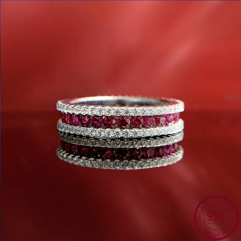 

2023 New Fashion Ring s925 Silver Inlaid Red Treasure Round 2.0mm Slim Women's Ring Show Finger Length Simple Style