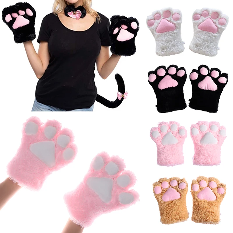

Cartoon Cute Cat Claw Paw Gloves Women Girl Soft Plush Mittens Winter Warm Fluffy Full Finger Gloves Cosplay Kawaii Costume Prop