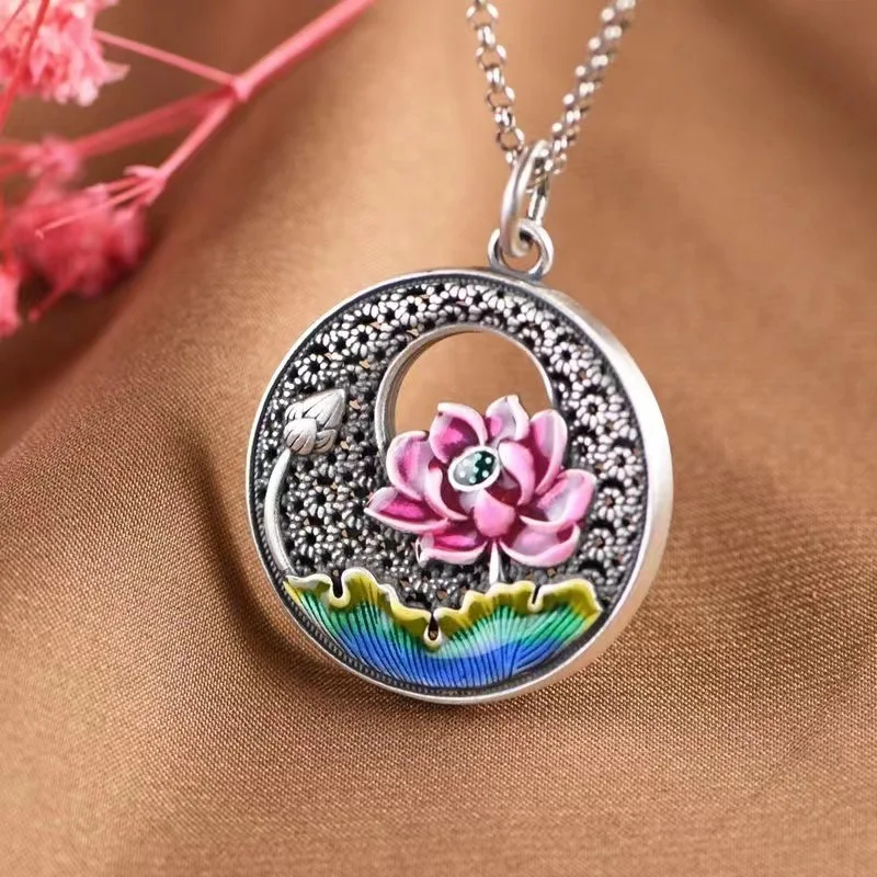 

XS China-Chic New Lotus Pendant Vintage Round Hollow out Cloisonné Lotus Charm Colorful Silver Jewelry Women's National Style