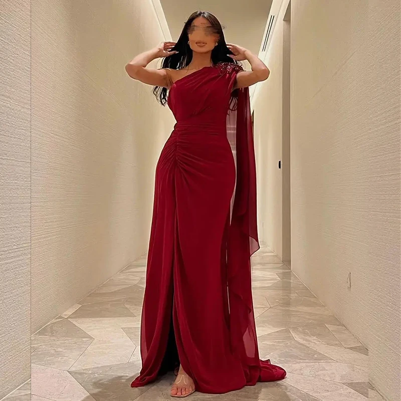 

One Shoulder Pleats Chiffon Evening Dresses A-line Floor-Length Prom Party Gowns Beads Saudi Arab with Cape Court for Women