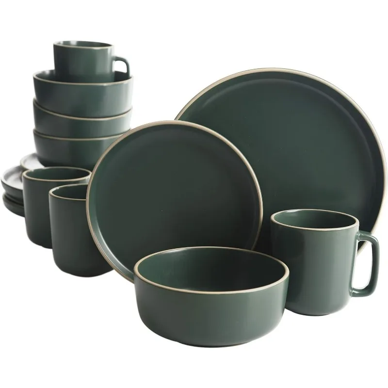 

Gibson Home Zuma 16 Piece Round Kitchen Dinnerware Set, Dishes, Plates, Bowls, Mugs, Service for 4, Matte Stoneware, Green