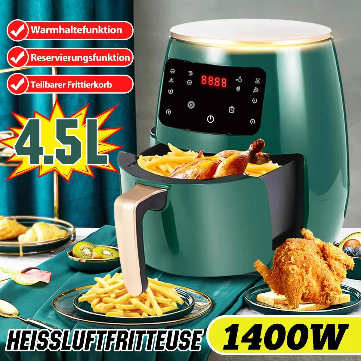 4.5L Air Fryer 1400W Oil free Health Fryer Cooker Home Multifunction Smart Touch LCD Deep Airfryer Pizza Fryer for French Fries
4.5L Air Fryer 1400W Oil free Health Fryer Cooker Home Multifunction Smart Touch LCD Deep Airfryer Pizza Fryer for French Fries
