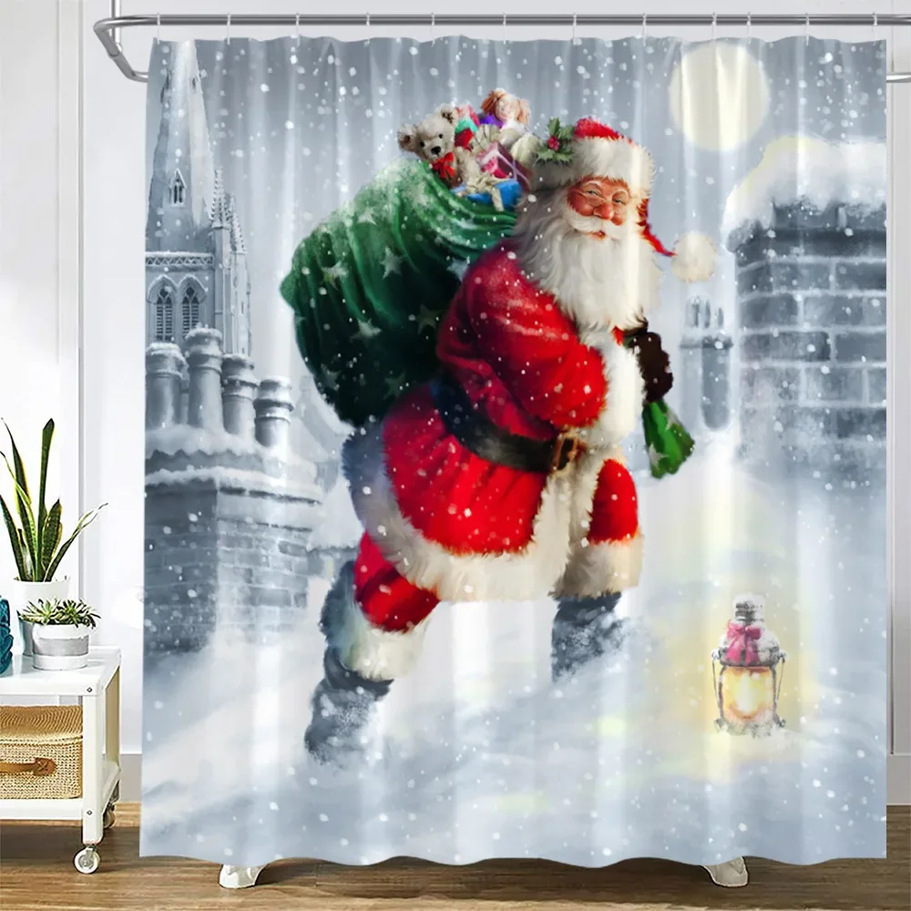 

Christmas Shower Curtains Funny Santa Clause Gift Castle Winter Landscape Oil Painting Art Xmas New Year Home Bathroom Decor Set