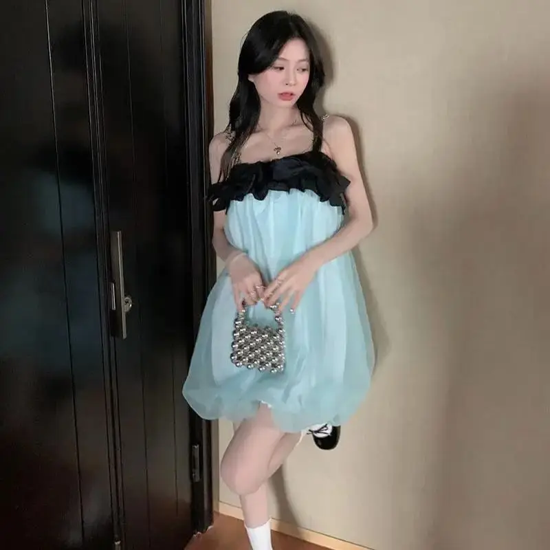 

Korean Womne Sweet Splice Chain Blue Suspended Dress Women Summer New Color Contrast Bowknot Mesh Stitching Short Dresses