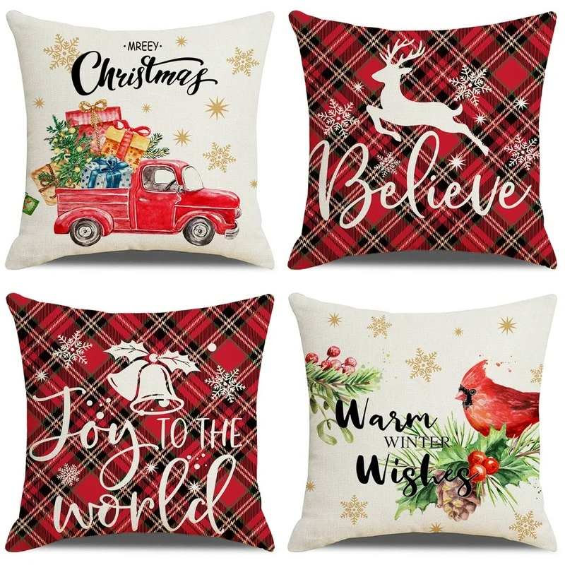 Linen Red Scottish Plaid Christmas Cushions Case Reindeer Trees Snowflakes Print Christmas Decorative Pillows for Sofa Couch Bed
Linen Red Scottish Plaid Christmas Cushions Case Reindeer Trees Snowflakes Print Christmas Decorative Pillows for Sofa Couch Bed