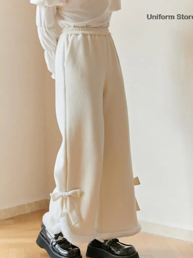 

Japanese Kawaii casual Lolita Pants Women Korean Style Warm Plush Trouser Female Loose Cute Bow Wide-legged Pants Winter