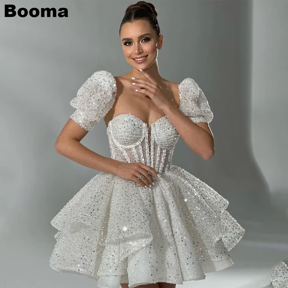 

Booma A-Line Shiny Short Wedding Party Dresses Sweetheart Short Sleeves Tiered Sequined Brides Gowns for Women Cocktail Dress