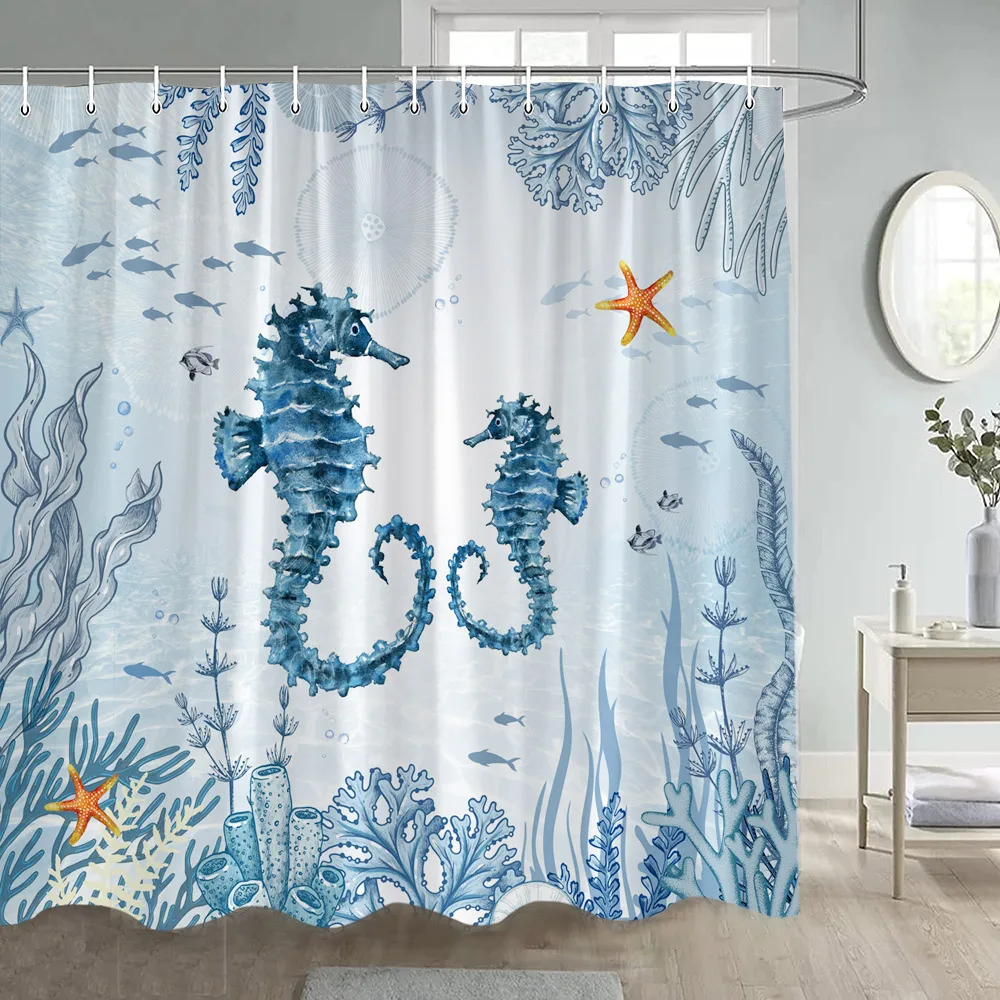 

Blue Seahorse Shower Curtain Starfish Coral Seagrass Ocean Animals Watercolour Art Modern Fabric Bathroom Curtains Bathtub Decor