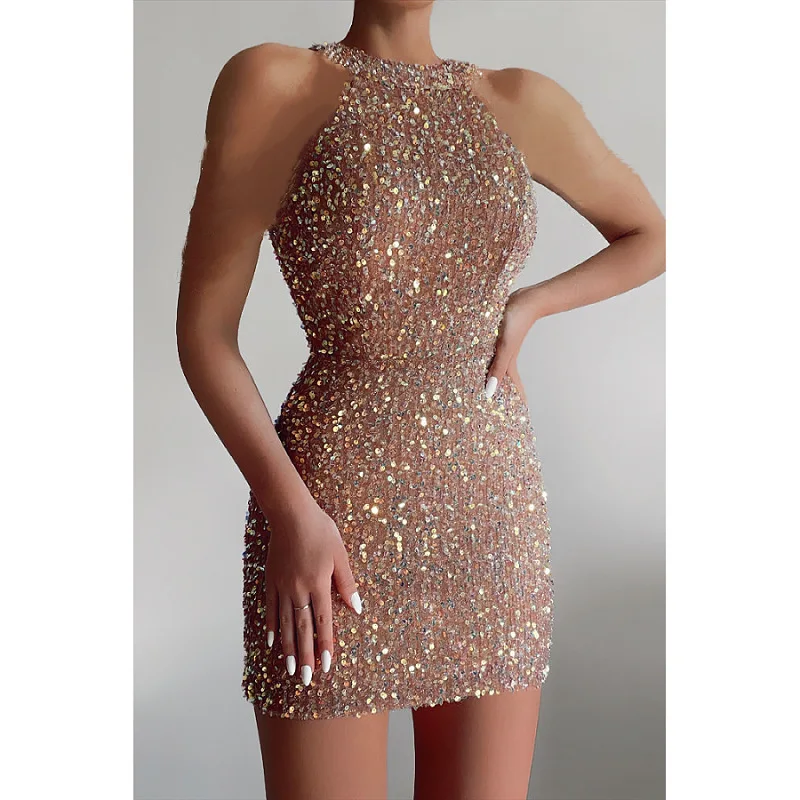 

Zoctuo Sequin Birthday Dresses For Women Sexy Sleeveless Bodycon Mini Dresses Slim Elegant Club Party Lady Champagne Vestidos