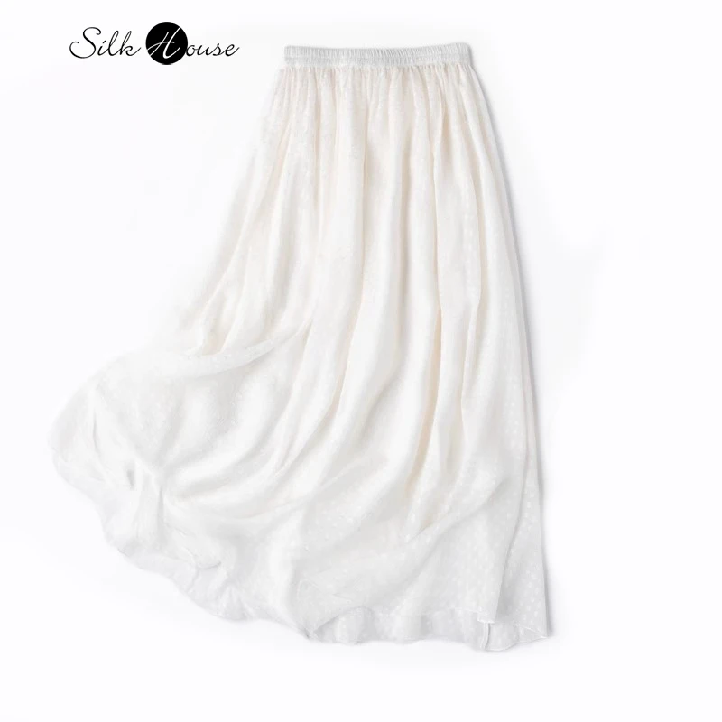 

2024 Women's Casual Summer New Non Spliced Silk Shunyu Georgette Jacquard Elastic Waist Double Layered White Large Swing Skirt