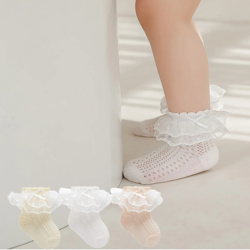 

MILANCEL 2024 Summer Girls' Socks Thin Mesh Baby Bow Princess Socks Children's Lace Midtube Socks 3 Pairs/Lot