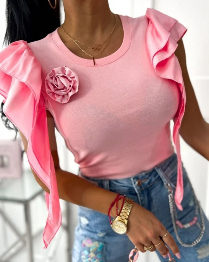 

Women Commuter T-Shirt Rose Detail Ruffle Hem Round Neck Top 2024 Summer Latest Casual Short Sleeves Skinny Daily Versatile Vest