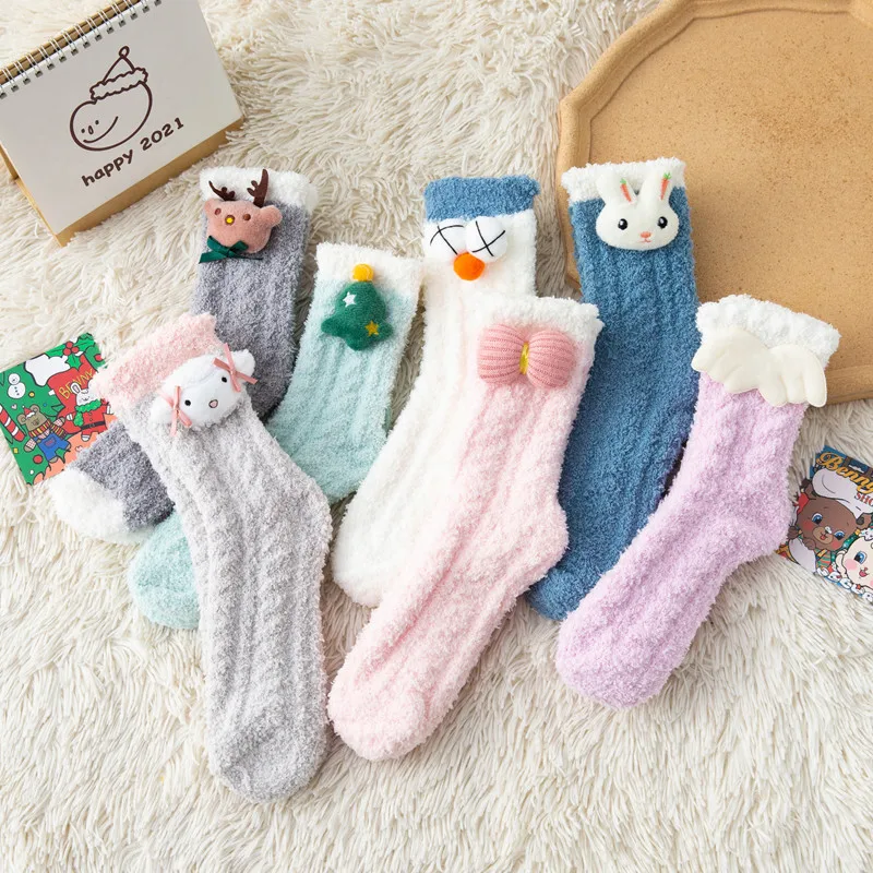 

Kawaii Fluffy Fuzzy Sleep Socks for Women Cute Cartoon Animal Head Elk Rabbit Wing Winter Warm Home Floor Bed Casual Fashion Sox