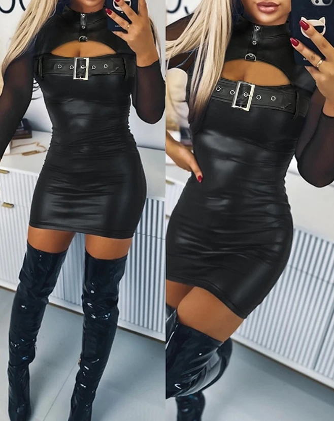 

Sexy Dresses for Women 2023 Autumn Fashion Long Sleeve Stand Collar Pu Leather Sheer Mesh Cutout Buckled Bodycon Mini Dress