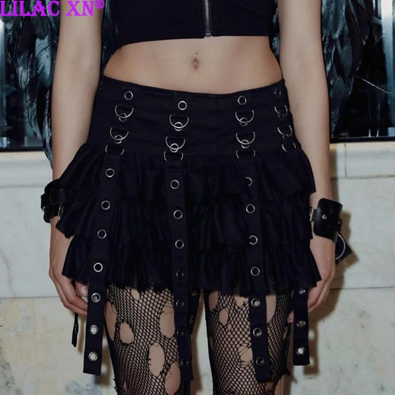 

Goth Black Lace Tiered Cake Mini Skirts Faldas Y2K Sexy Lolita Aesthetic Summer Skirts Gothic Harajuku Eyelet Skirt Streetwear