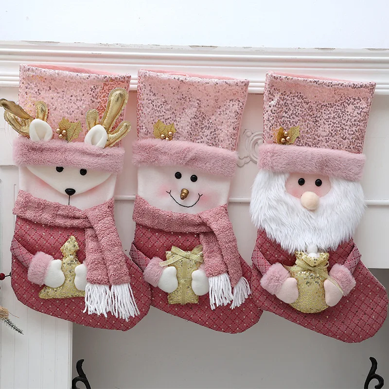 

Santa Stocking Sock Candy Bags Christmas Tree Pendants Pink Cloth Gift Bag For Children Fireplace Hanging Decor Party Supply