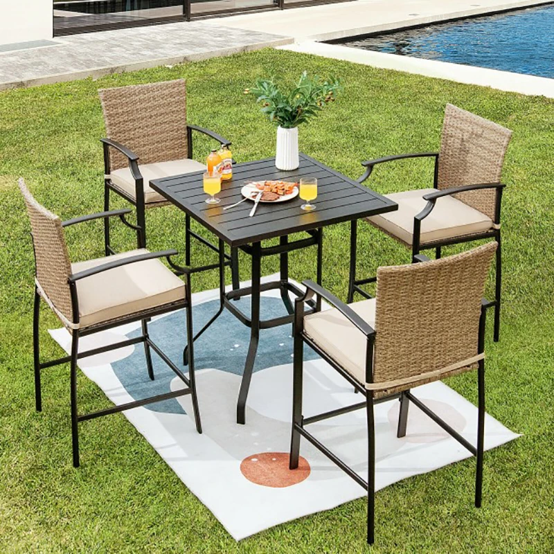 5 Pieces Outdoor Rattan Bistro Bar Stool Table Set with Cushions 32 Inches Steel Square Bar Table with Powder-Coated Tabletop
5 Pieces Outdoor Rattan Bistro Bar Stool Table Set with Cushions 32 Inches Steel Square Bar Table with Powder-Coated Tabletop