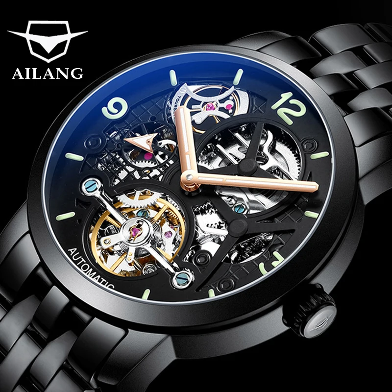 

AILANG Fashion Tourbillon Men Watch Luxury Brand Black All Steel Mechanical Watches Fully Automatic Men Clock Waterproof Reloj