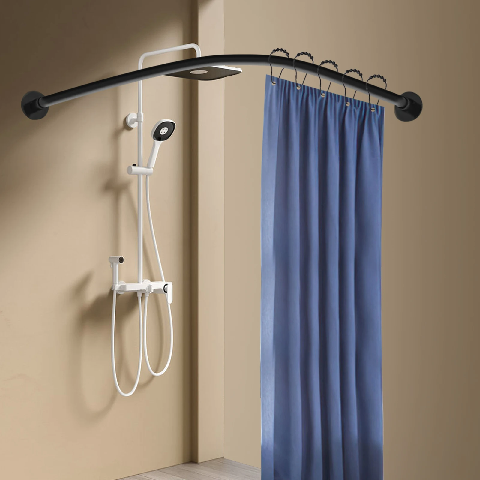 

Shower Curtain Rail L Shape No Drilling Rail Corner Stainless Steel Telescopic Rod with Shower Curtain Rings