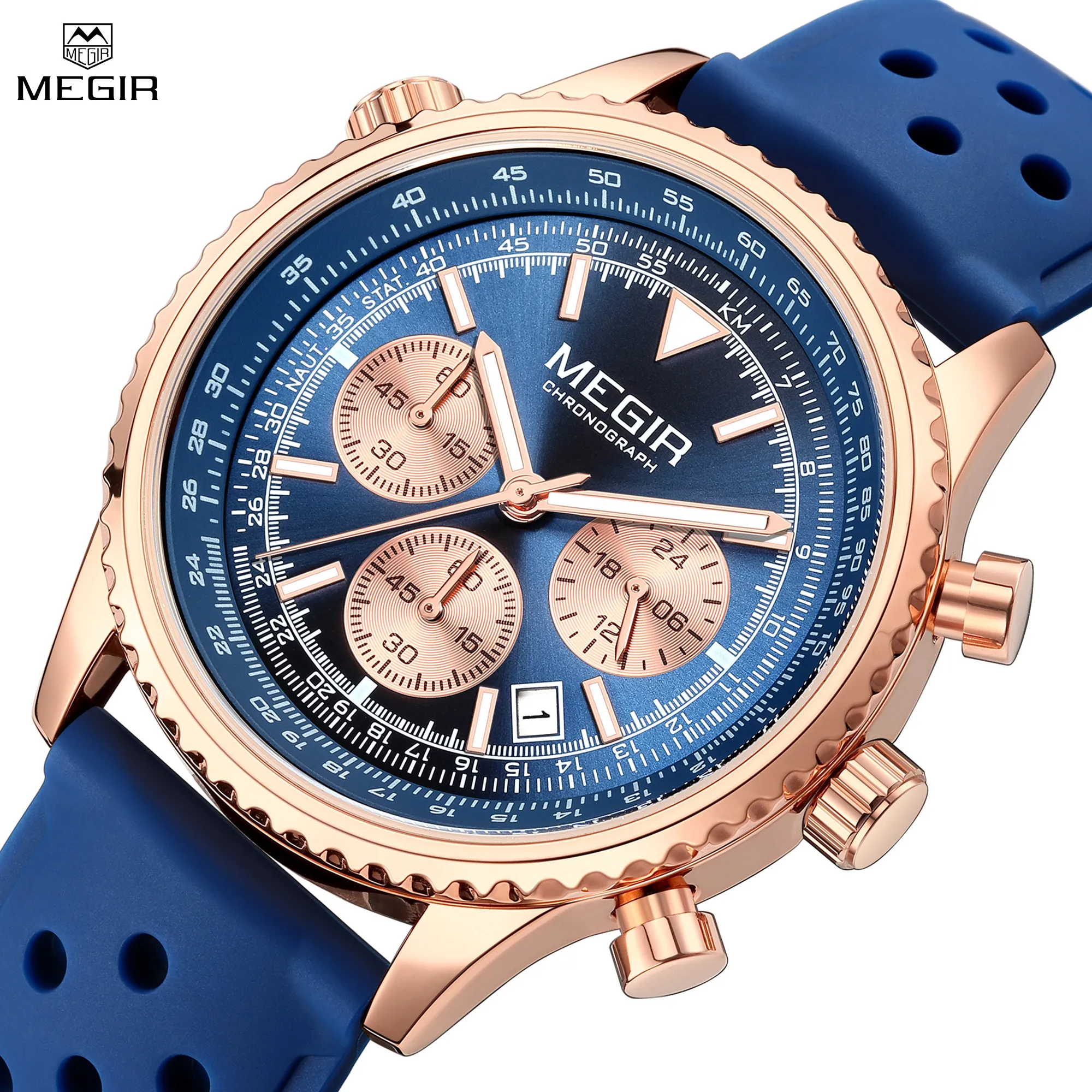 

MEGIR Fashion Quartz Sport Chronograph Watch for Men Luminous Calendar Large Dial Wristwatch Silicone Strap Relogio Masculino