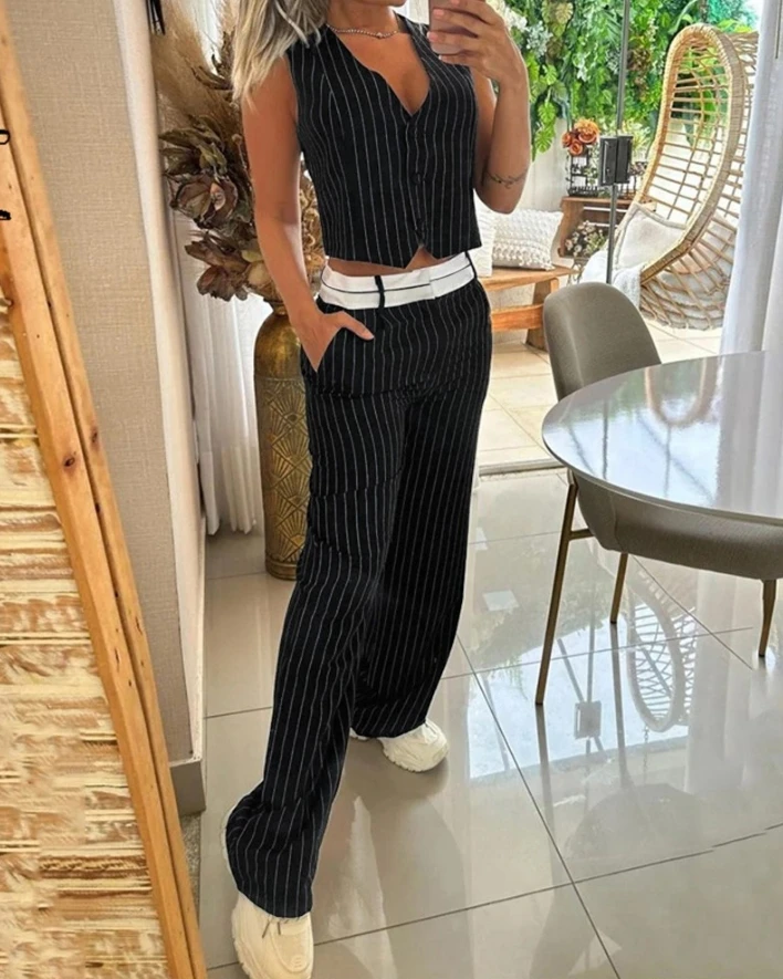 

Pants Set Women 2 Piece Striped Print Buttoned V-Neck Sleeveless Vest Top Casual Commuting Splicing Pocket Design Pants Set