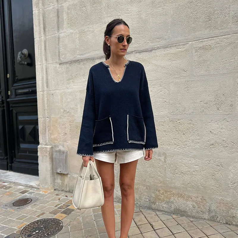 Winter Women's Pullover Knitted Sweater 2023 New Casual V-Neck Long Sleeve Pocket Wanted Line Decorative Knit Sweater
Winter Women's Pullover Knitted Sweater 2023 New Casual V-Neck Long Sleeve Pocket Wanted Line Decorative Knit Sweater