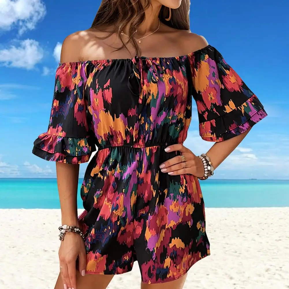 

Bandeau Romper Stylish Women's Off Shoulder Ruffle Romper with Drawstring Waist Pockets for Beach Vacations Summer Getaways