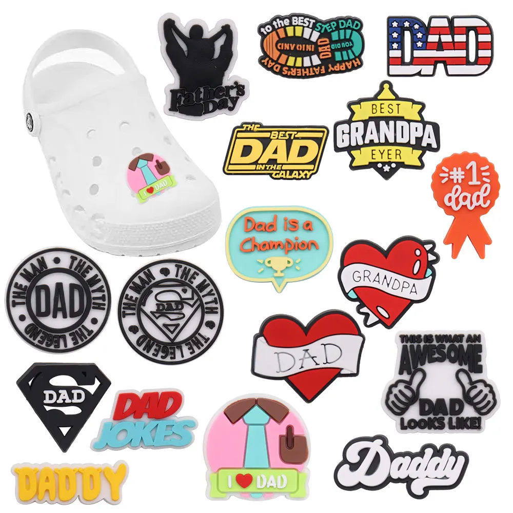 

Sell Retail 1-17pcs PVC Shoe Charms English Slogan DAD Love Heart Accessories Shoe Buckles For Croc Jibz Kids Party Present