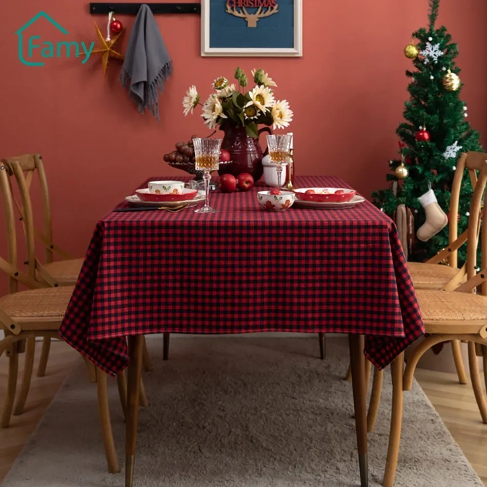 

Red Plaid Tablecloth Christmas Decorations Cotton Linen New Year BBQ Party Table Cloth Rectangular Dinning Table Home Decor