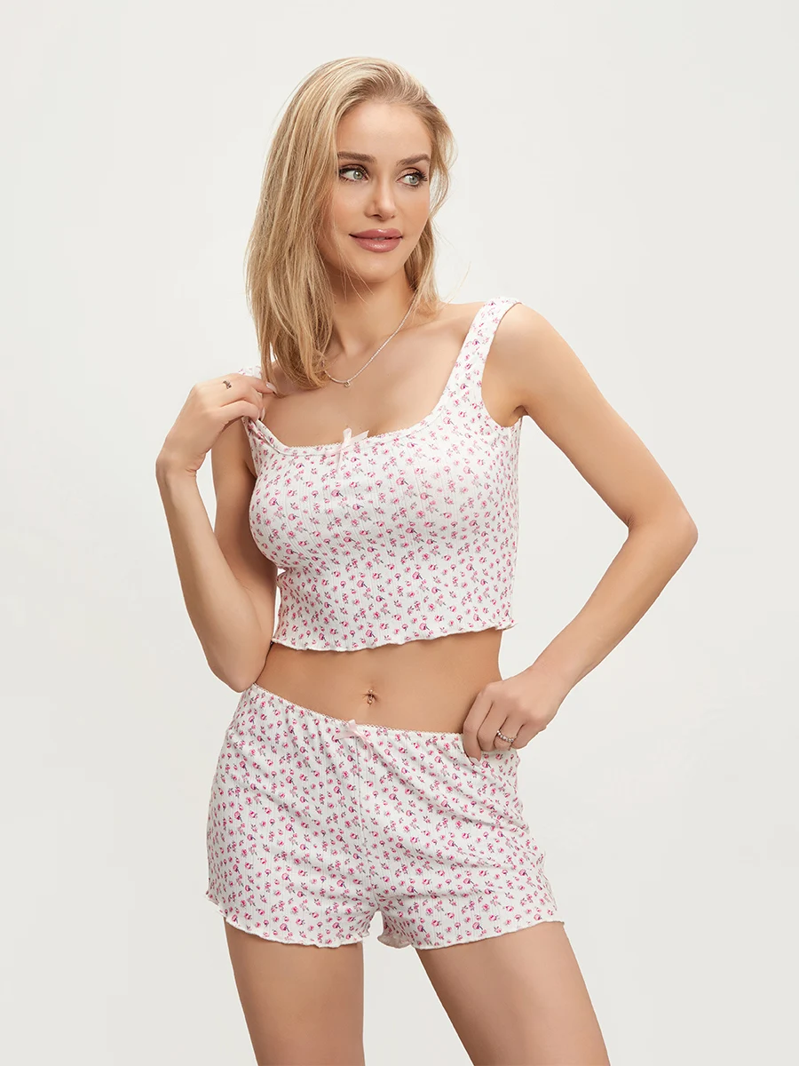 

Women Pajama Set Floral Sleeveless Square Neck Camisole with Shorts Sleepwear Loungewear Y2k Clothes