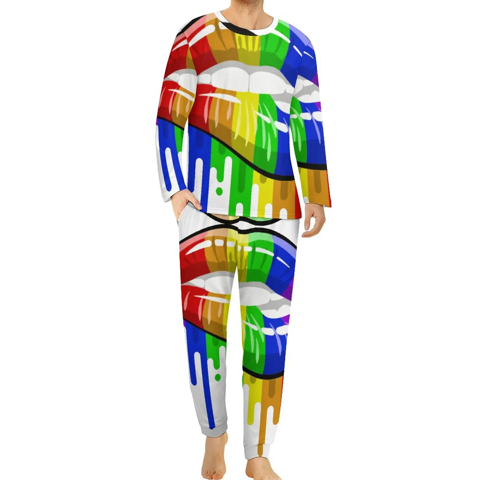 

ЛГБТ губы в Радужном флаге цвета пижамы Осень гордость сон одежда для сна мужские 2 предмета Графический длинный рукав Большие размеры пижамные комплекты