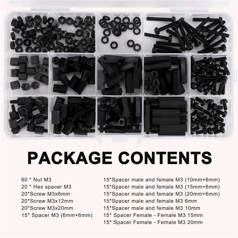 

260PCS M3 Male Female Nylon Hex Spacer Standoff Screw Nut Threaded Pillar PCB Motherboard Assorted Assortment Kit