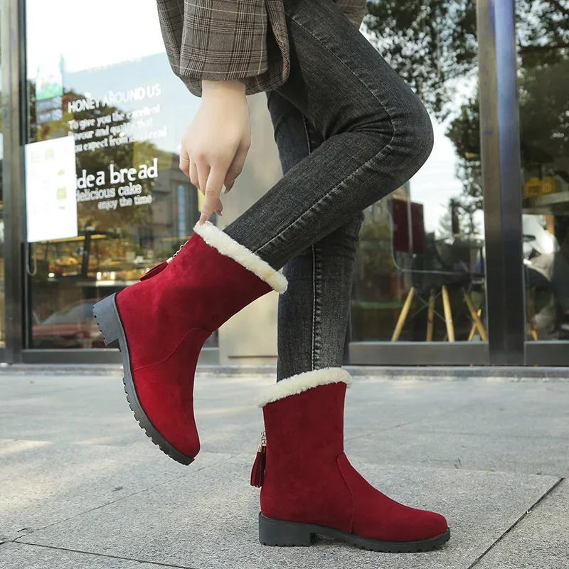 

Женские ботинки до середины икры, черные элегантные ботинки на низком каблуке, рабочая красная обувь для женщин, замшевые коричневые полусапожки с круглым носком, без застежки из ПУ кожи
