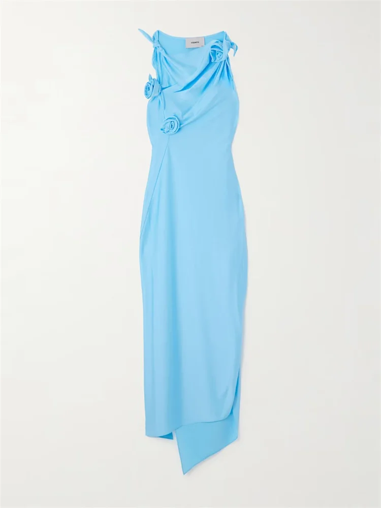 

Hot Selling High Neckline With 3D Flower Stretch-Satin Evening Dress Asymmetric Midi Hem Ankle Length Deep Slit Gown For Women