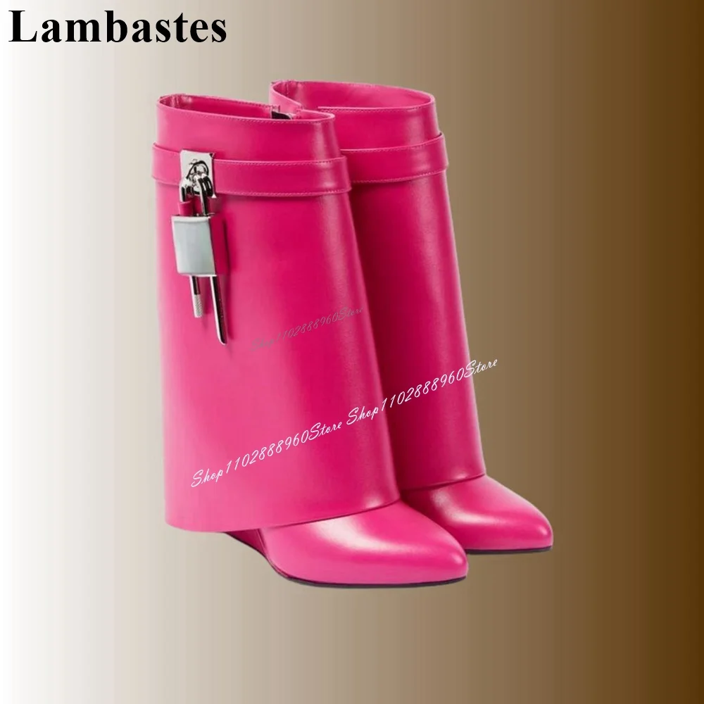 

Mid Calf Pink Turned-Over Metal Lock Decor Shark Boots Wedges Heel Women Shoes Side Zipper Pointed Toe 2024 Zapatos Para Mujere