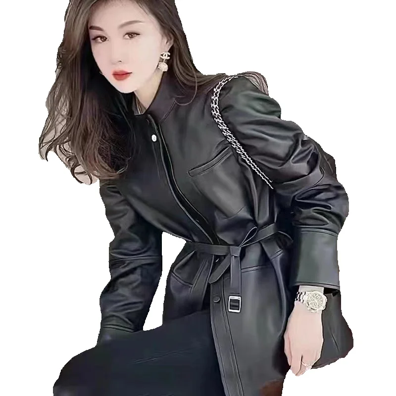 

Genuine Leather Jacket, Women's Long Style, New Spring Waistband Slim Fit, Sheep Leather Standing Collar Trench Coat, Trendy