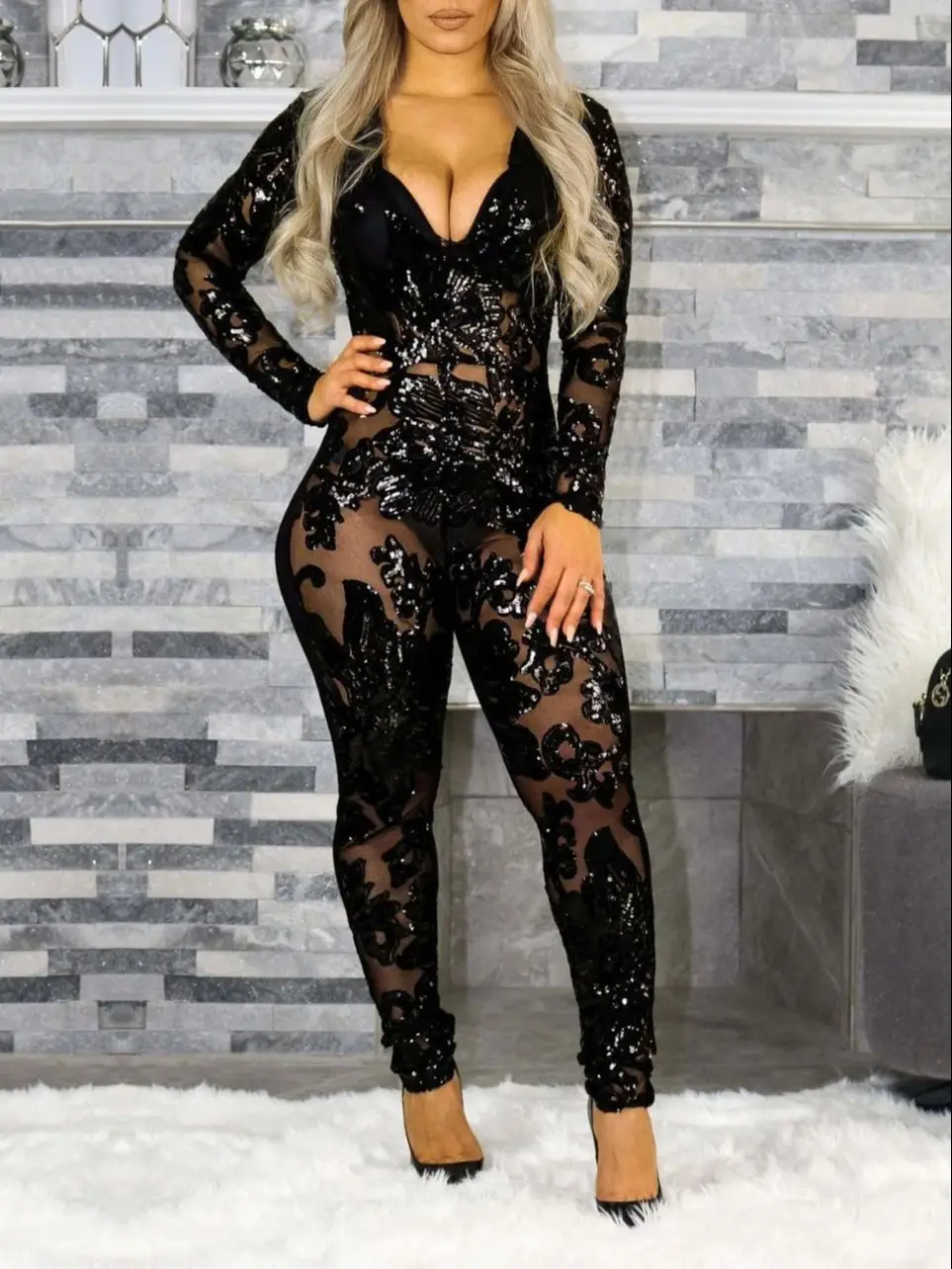 

LW Sequined Jumpsuits See Through Skinny Deep V Neck Sexy Playsuits Plain Long Sleeve Bodysuits Slim Fit Long Pants Partywears