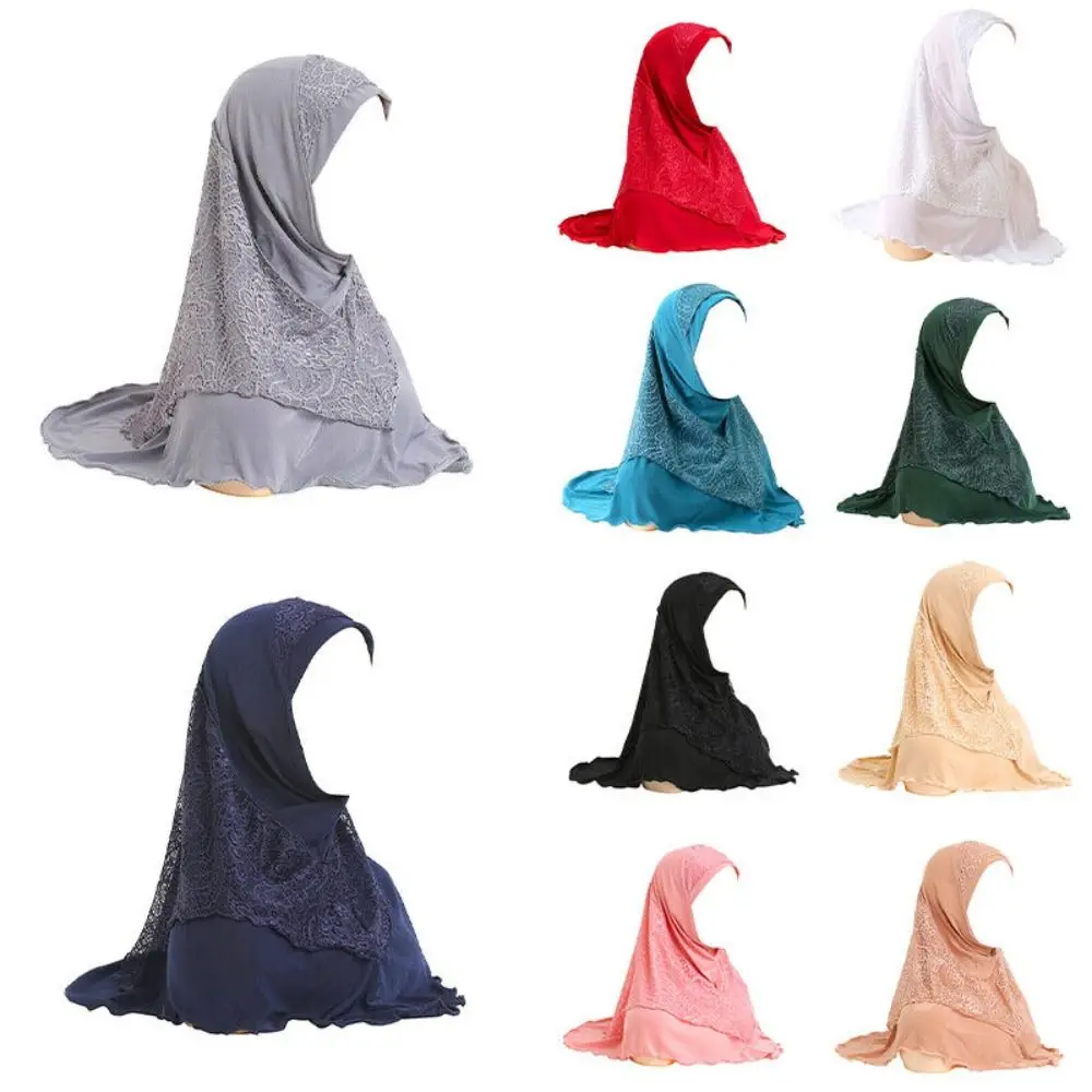 

Однотонный мусульманский головной платок, модный цельный хиджаб, кружевной Цветочный Стандартный шарф из полиэстера, дышащий женский головной платок