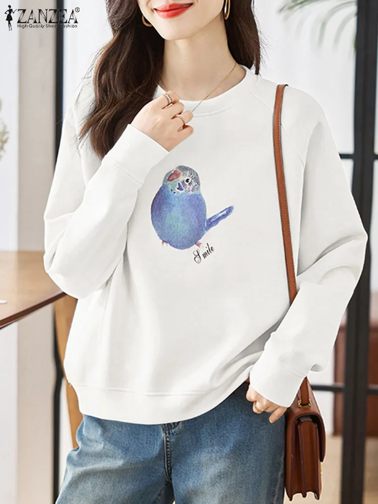 Женский Свитшот оверсайз ZANZEA, Осенний пуловер с круглым вырезом и длинным рукавом, повседневные топы с принтом из хлопка, женские худи для работы, блузка, туника 
Женский Свитшот оверсайз ZANZEA, Осенний пуловер с круглым вырезом и длинным рукавом, повседневные топы с принтом из хлопка, женские худи для работы, блузка, туника