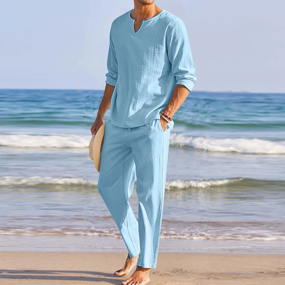 2 Pieces/set Men's Cotton Linen Blend Sets Long Sleeve V-neck Henley T Shirts And Beach Pants Casual Fashion Men Sets
2 Pieces/set Men's Cotton Linen Blend Sets Long Sleeve V-neck Henley T Shirts And Beach Pants Casual Fashion Men Sets