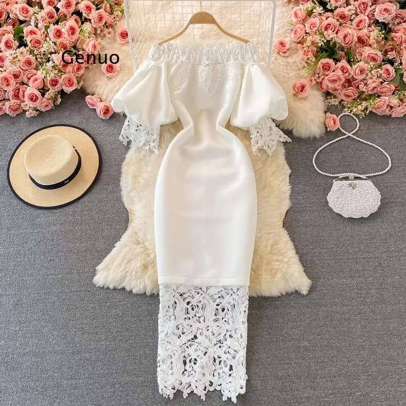 

2022 Spring New Vintage Fashion Waist Closing Red Hip Wrap Dress Long Dress Lace Stitched Off Shoulder Lantern Sleeve Dress