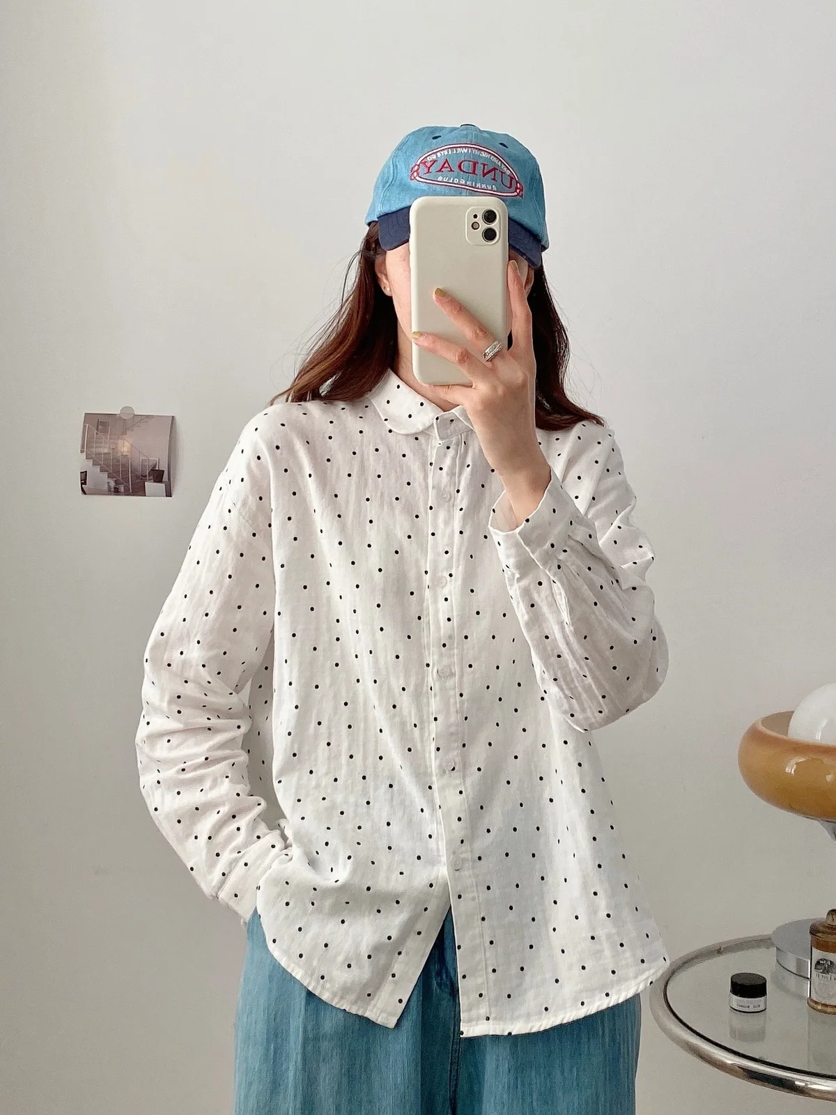 

100% Double Layers Cotton Yarn Polka Dots Shirts & Blouses for Women Spring Japanese Style Long Sleeve White Dot Blouses