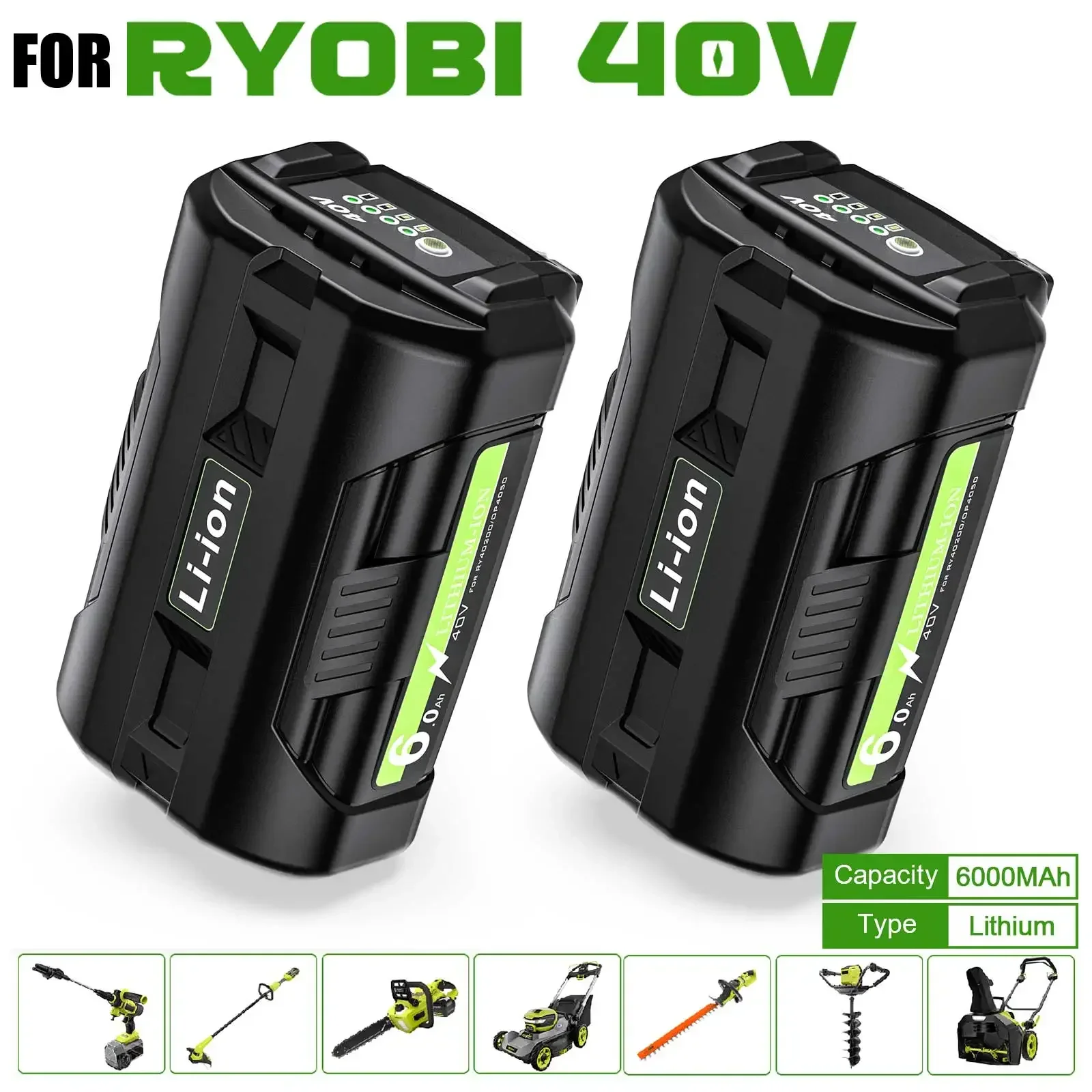 

40V 6000mAh Li-ion Battery For Ryobi OP4040 OP4026 OP4030 OP4050 OP4060A OP40201 OP40301 Collection Cordless Power Tools Battery