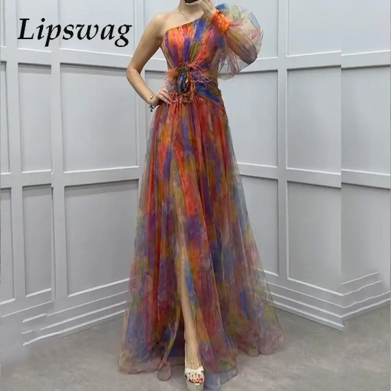 

New Chic One Shoulder Mesh Swing Party Dress 2024 Rose Waist Print Maxi Dress Lady Elegant Diagonal Collar Slit Evening Dress