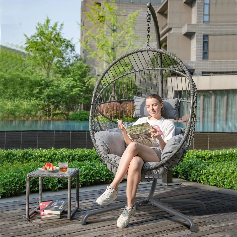 

Outdoor Egg Swing Chair with Stand, Oversized Cocoon-Shaped Rope Woven Hanging Chairs W/Cushion, Patio Wicker Hammock Chair